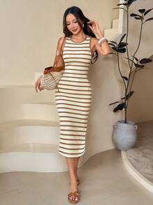 SHEIN PETITE Đầm midi dáng ôm xẻ tà, kẻ sọc đen trắng, thích hợp mặc đi nghỉ hè/công sở. - Màu be - Xem 5