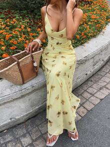 Dazy-Less 女士V领黄色碎花休闲沙滩连衣裙 - 黃色 - 查看 5