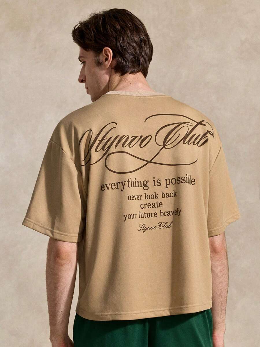 Courvante Men's Slogan Print Round Neck Short Sleeve Casual T-Shirt T Oversized Y2k Clothing Streetwear Beige Graphic Shirt Fall Clothes, Knit Fabric Letter, For Tennis Sport, Father's Day Gift For Father & Boyfriend, Outfits For Men - Khaki - View 1