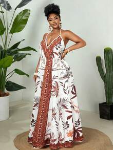 Maweii Gaun Kasual Ukuran Besar untuk Liburan, Motif Bunga, Leher Halter, Warna Cokelat untuk Olahraga Musim Panas - MultiWarna - View 4