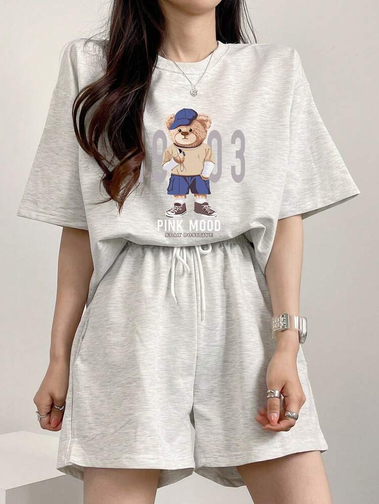 Women's Cartoon Print Round Neck Short Sleeve T-Shirt And Loose Shorts 2-Piece Set Lounge Sets For Women Short Sets For Women