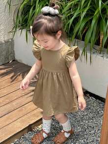 Dazy Kids 女嬰休閒無袖可愛中長洋裝，夏季幼童款 - 卡其色 - 查看 6