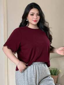 Dazy Plus Kaos Hitam Ukuran Besar Model Longgar Leher Bulat dengan Lengan Berhiaskan Renda untuk Musim Panas - Burgundy - View 6