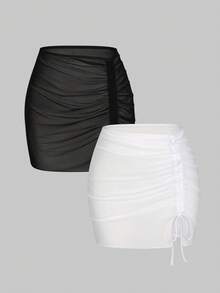 SHEIN Swim Mod Chân váy ôm sát gợi cảm có dây rút bên hông, xếp ly, kết hợp với áo khoác ngoài đi biển bằng vải lưới xuyên thấu. - Đen và trắng - Xem 2