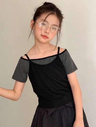 DAZY Camiseta de niña preadolescente con diseño a rayas 2 en 1