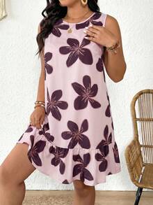 SHEIN Frenchy Plus Size Women Floral Print Backless Sleeveless Dress - Pink - View 6