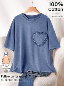 CosyJoli Camiseta casual de mujer talla grande con cuello en forma de corazón, hombros caídos y ribete de volantes - Azul - Ver 1
