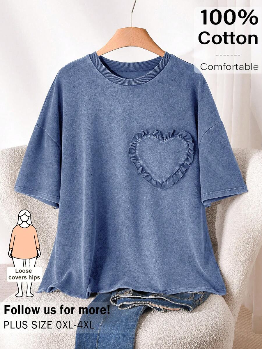 CosyJoli Camiseta casual de mujer talla grande con cuello en forma de corazón, hombros caídos y ribete de volantes - Azul - Ver 1