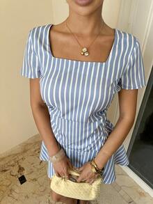 Rafferiza 女士优雅通勤法式连衣裙，蓝白条纹编织，方领短袖，优雅女士连衣裙，夏季女士连衣裙，夏季套装，沙滩套装，沙滩裙，外出连衣裙，女士度假套装，度假连衣裙，女士休闲连衣裙，蓝白连衣裙，新款夏季女士连衣裙 - 藍色 - 查看 5
