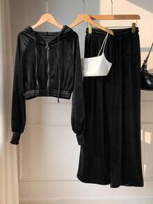 SHEIN EZwear Conjunto de 2 peças Feminino, Moletom Cropped Casual de Cor Sólida e Calça, Outono - Preto - Visão 5