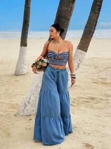 Sunnyshic Jeans de pierna ancha y cintura alta con pliegues para mujer, versátil y de moda, para el verano - Lavado ligero - Ver 7
