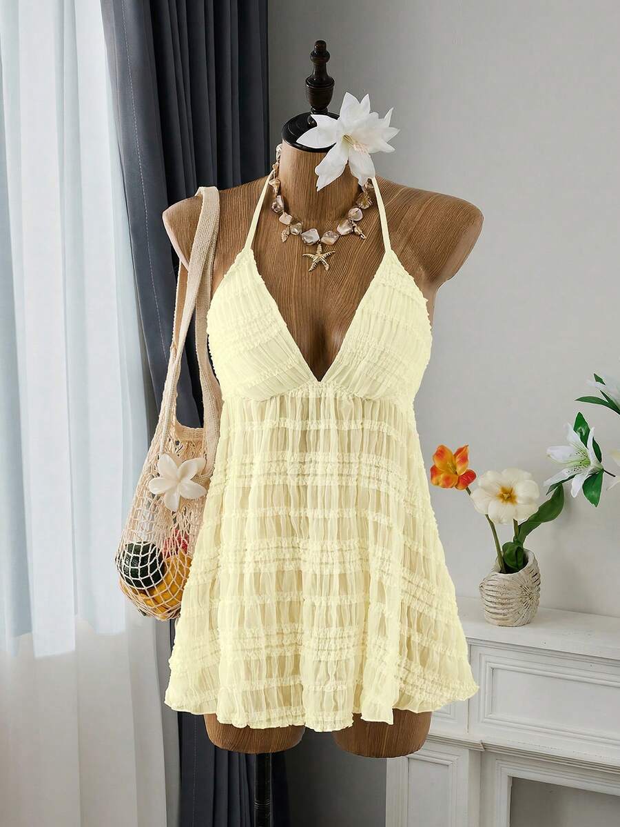 Bellisia Đầm ngắn dáng suông xếp ly, chất liệu vải dệt họa tiết mới, size 26SS, dành cho nữ, thanh lịch và gợi cảm, thích hợp cho kỳ nghỉ biển hoặc tiệc tùng. - Vàng nhạt - Xem 1