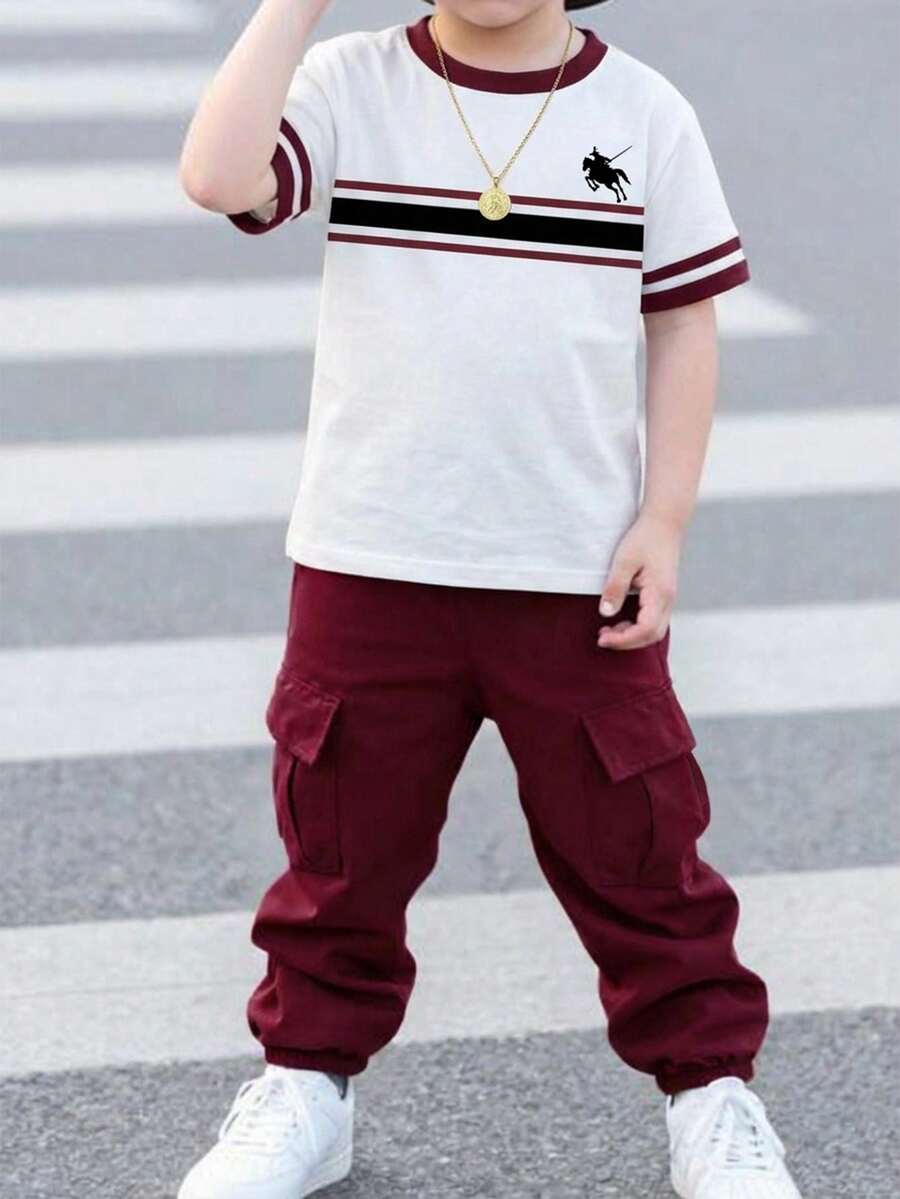 SHEIN Streecool Kids 2件套男童休闲简约图案短袖圆领T恤和短裤套装，适合夏季穿着 - 彩色 - 查看 1