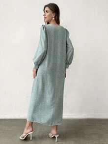 Yasmyna 女士春夏紫红色编织花卉印花白色蕾丝系带长袖优雅浪漫阿拉伯风格连衣裙 - 綠色 - 查看 2