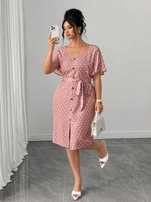 Elenzga Plus Size Women's Polka Dot Print Casual 1920s Vintage Fashionable Daily Commute Gym Summer Dress Brunch Brown - Multicolor - View 5