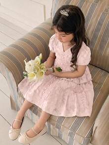 DAZY Vestito da ragazza con scollo a V, decorato con volant e motivo floreale, abbigliamento autunnale per giovani ragazze - Rosa - Visualizzare 7