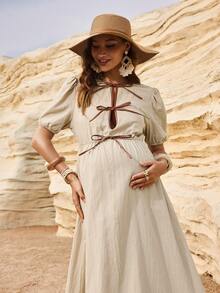 Boho Mama Đầm bầu cho con bú buộc dây phía trước, tay ngắn - Màu be - Xem 5