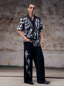 Skyrend Grunge Goth Y2K Style Men's Casual Loose Wide Leg Straight Versatile Embroidered Pattern Jeans, Fashionable Personalized Street Wear, Suitable For Work, Commute, Stage Performance, Hangout With Friends, Outdoor Wear - Black - View 3