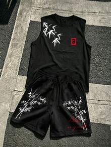 Manfinity LEGND 男士极简印花无袖背心和短裤套装 - 黑色 - 查看 1