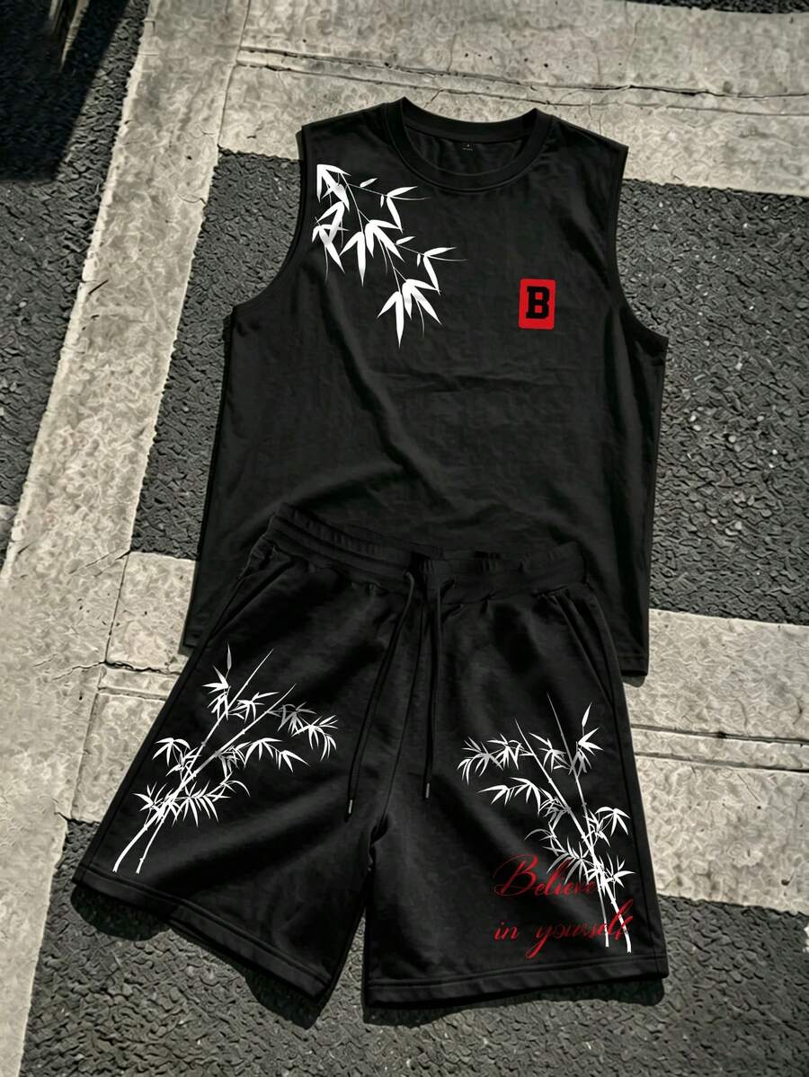 Manfinity LEGND 男士极简印花无袖背心和短裤套装 - 黑色 - 查看 1