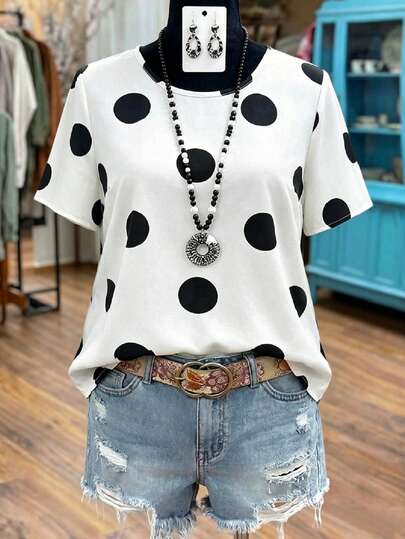 SHEIN 休闲圆领短袖黑白波点大码衬衫，适合春、夏、秋季穿着。