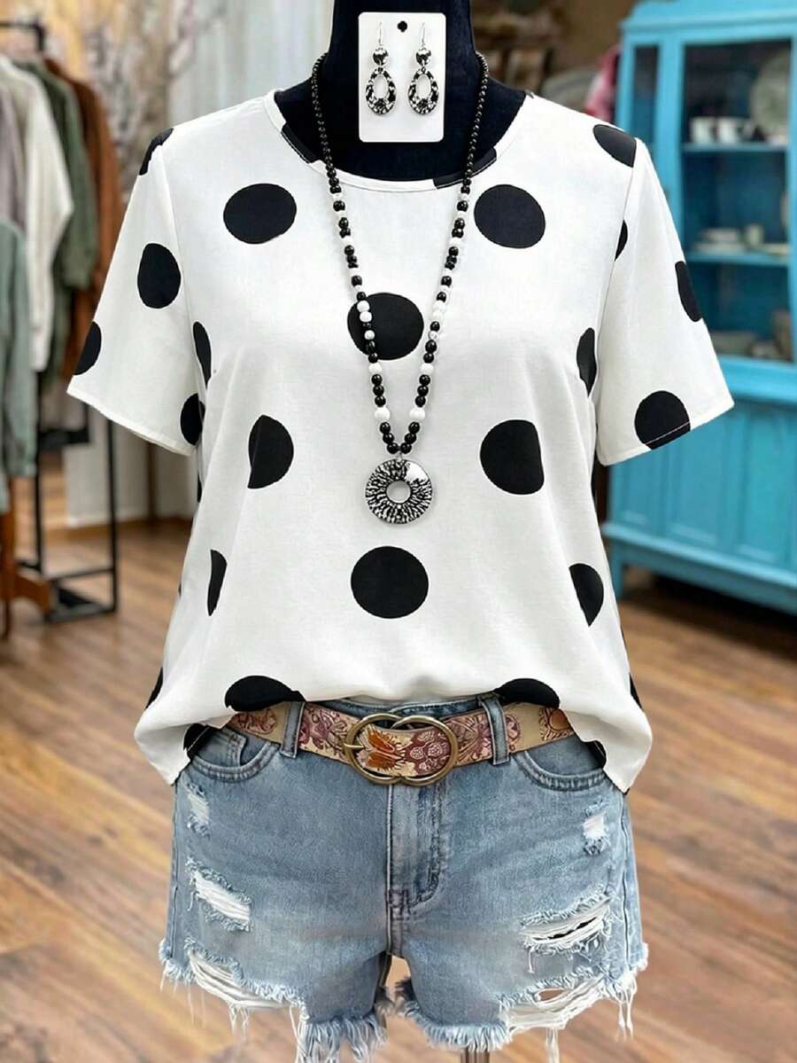 SHEIN Camisa casual de manga corta y cuello redondo con lunares negros y blancos, talla grande, apta para primavera, verano y otoño - Blanco y Negro - Ver 1