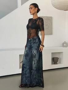 Lavishia Women's Lace Embroidered Sheer Dress - Black - View 4