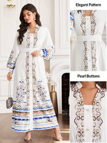 Yasmyna Women's Elegant Printed Long Sleeve Arabic Style Dress - White - View 2