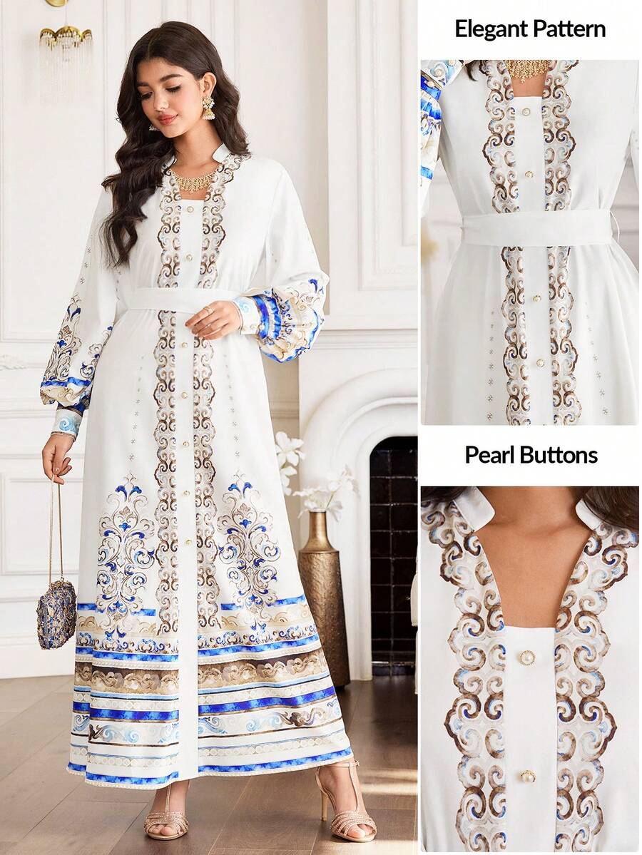 Yasmyna Women's Elegant Printed Long Sleeve Arabic Style Dress