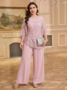 Reflora Plus Size Elegant Solid Color Lace Blouse And Pants 2 Pieces Set - Baby Pink - View 5