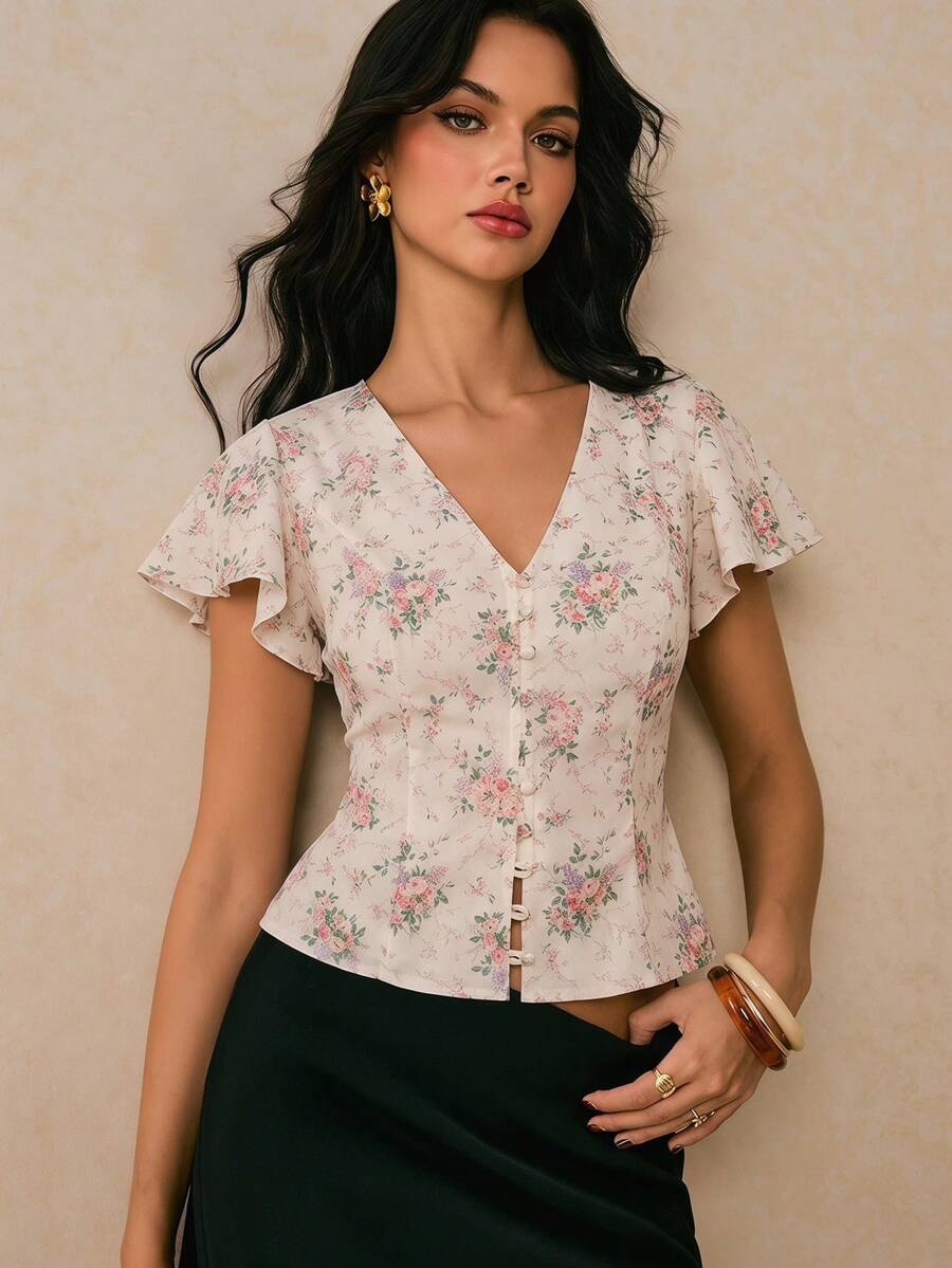 Poéselle 女士印花V领纽扣前开襟休闲短袖衬衫