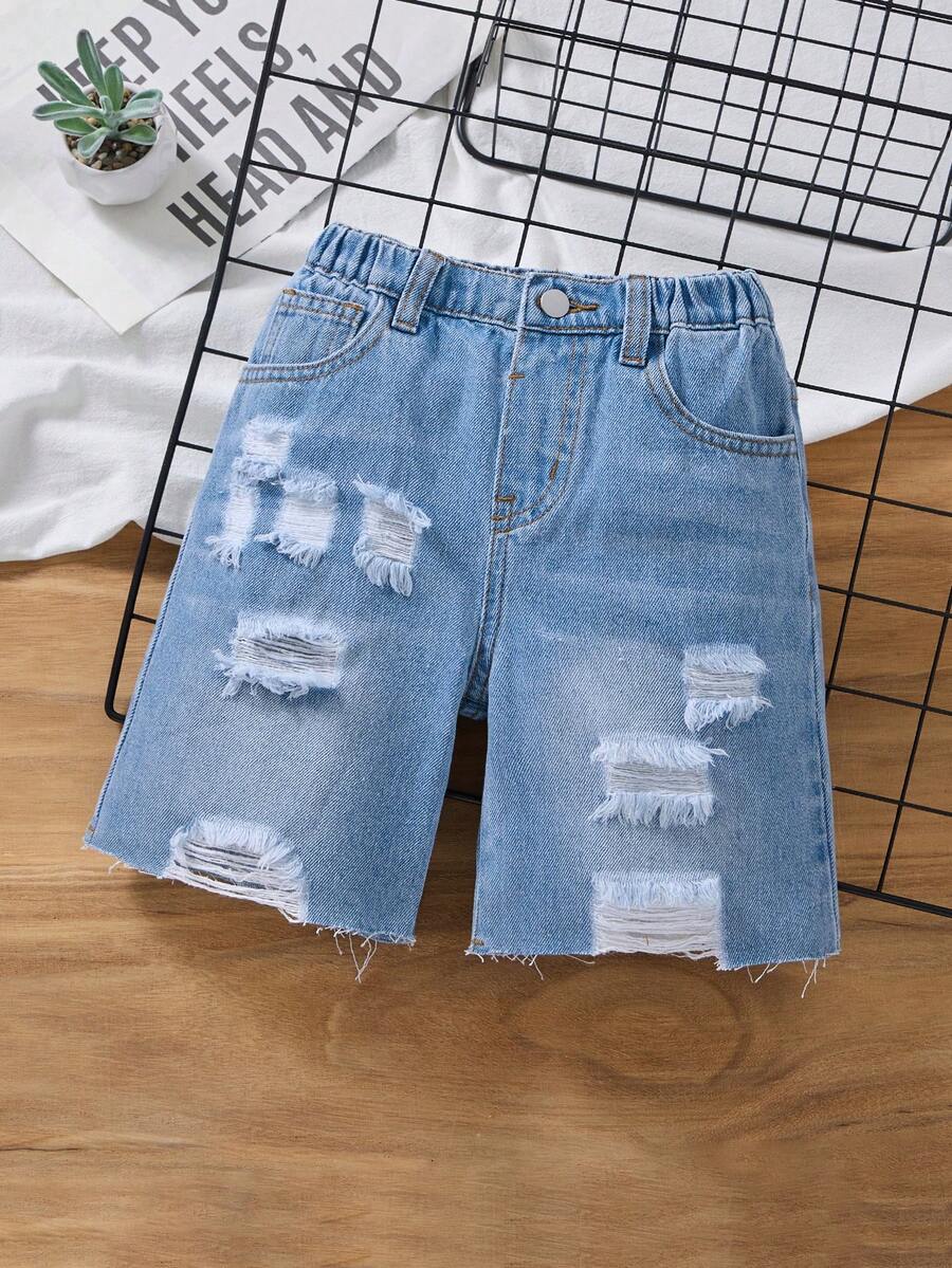 Young BoyLoose Fit Distressed Denim Shorts, Blue - Light Wash - View 1