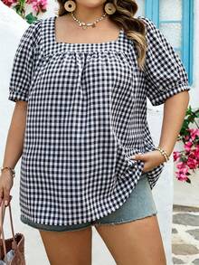 SHEIN CURVE+ Curve 尺码 US22 音乐节、海滨度假、波西米亚风女士休闲方领格纹泡泡袖衬衫 - 黑與白 - 查看 3