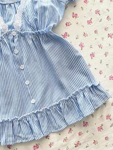 Elamini Áo kiểu nữ tay raglan kẻ sọc cài nút - Xanh và trắng - Xem 7
