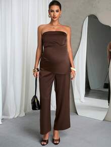 MaterniChic Pakaian Hamil dan Menyusui Set Dua Potong Musim Semi dan Musim Panas untuk Ibu Hamil: Satin Cokelat Lembut Elegan Warna Polos, Atasan Tanpa Lengan, Celana dengan Pinggang yang Dapat Diatur, 2 Potong - Coklat - View 5