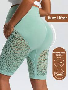 SHEIN Maternity Solid Color High Waist Mesh Shorts - Green - View 5