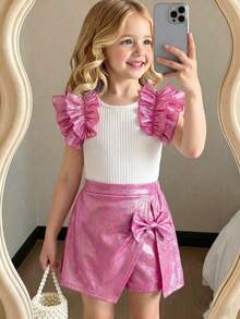 Elladie kids Conjunto de 2 piezas de top sin mangas con brillo y estilo princesa + shorts decorados con moño, adecuado para fiesta de cumpleaños, actuación en el escenario - Rosa Fucsia - Ver 11