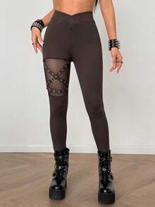 Coolane Women's All-Season Girlisim Goth Y2K Punk Sexy Streetwear Rave Golf Clubs Stretchy Comfortable Grommet Eyelet Tights Pants Pastal - Brown - View 3