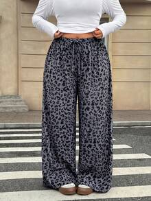 Comfortcana Plus Size Women Casual Leopard Print Straight Leg Pants For Winter - Dark Grey - View 9