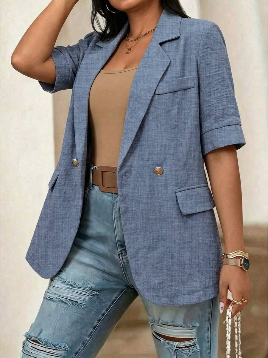 SHEIN PariChic Áo blazer nữ tay ngắn màu nâu, hàng mới về năm 2026, chất liệu cotton pha lanh, cúc kim loại, túi giả, thích hợp mặc đi làm, đi nghỉ mát. - Màu xanh bụi bặm - Xem 1