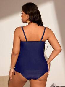 Swim Lushoire Plus Size Women 2pcs Black Camisole Tummy Control Tankini Swimwear Set - Navy Blue - View 2