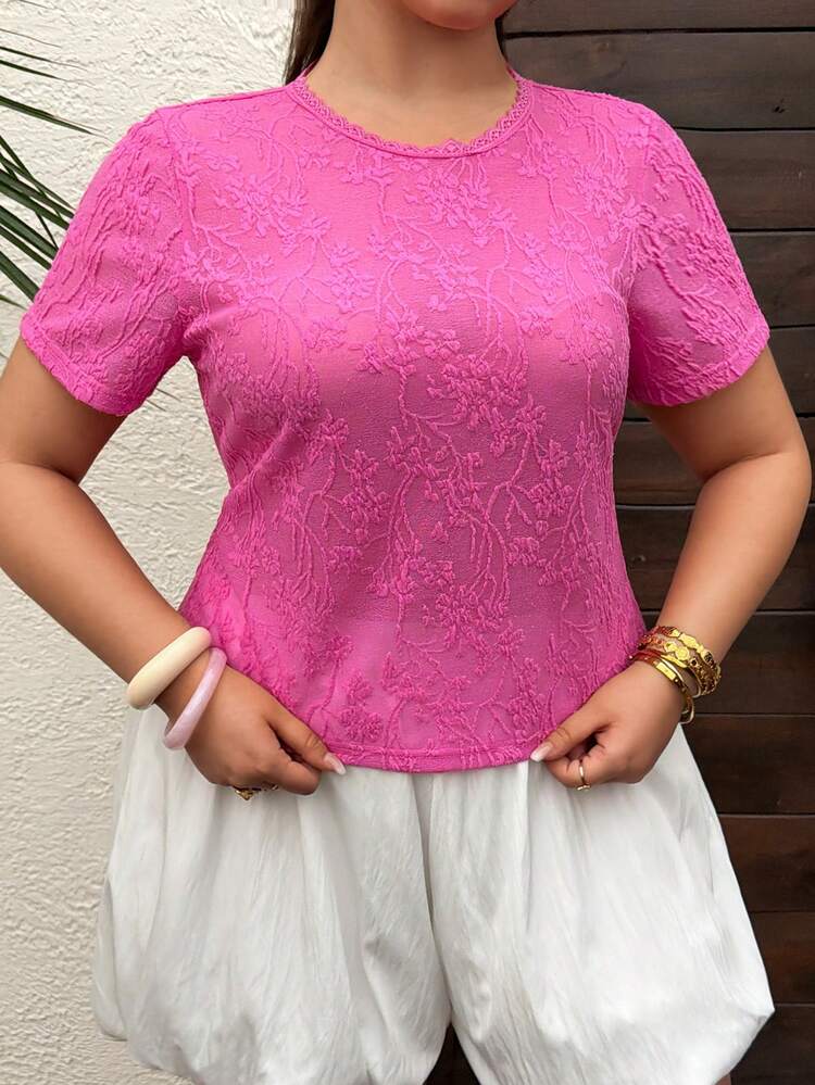 Dazy Plus Plus Size Women Floral Print Lace Blouse, Fitted Short Sleeve T-Shirt, Suitable For Wedding, Party, Music Festival