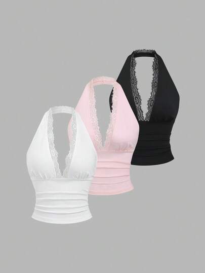 Sweetra Conjunto de 3 piezas de top de mujer con camisola de cuello en V con contraste de encaje, que ciñe la cintura, de moda nueva para el verano