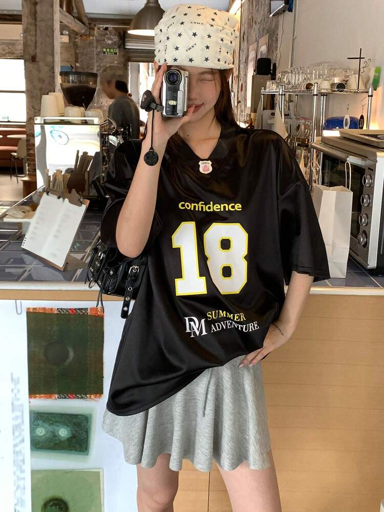 Women's Casual Korean Style Letter & Number Print T-Shirt, Spring/Summer