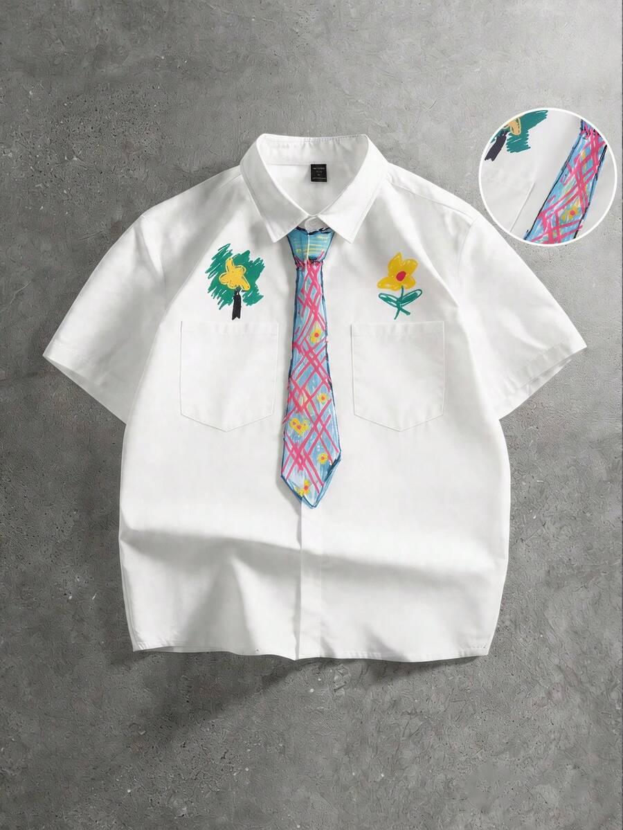 ROMWE MEN Men's Casual Printed Short Sleeve Polo Shirt - White - View 1