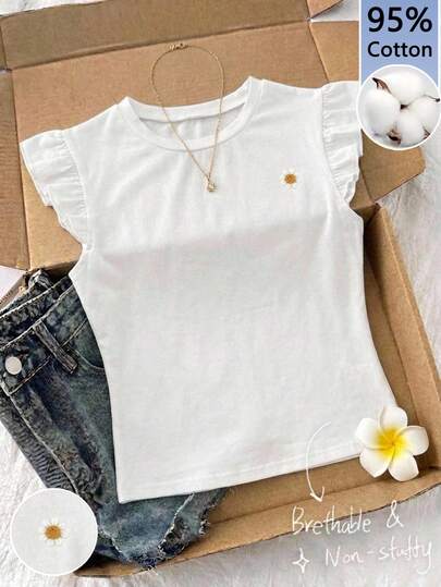 Tseoso 95% Cotton Ruffle Sleeve Short Sleeve Women T-Shirt