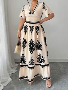 Elenzga Plus Size Women's Long Floral Print Waist Flared Dress, Spring/Summer - Multicolor - View 6