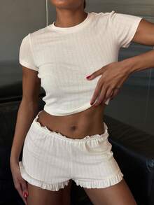 Livesso Women Solid Color Cropped Top And Shorts Pajama Set Summer - Beige - View 6