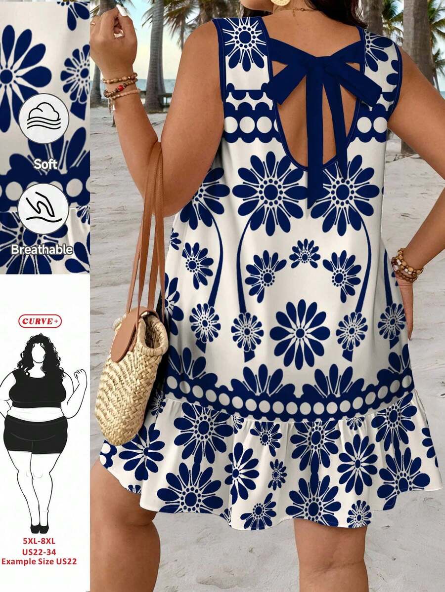 SHEIN CURVE+ 大码女式夏季休闲无袖印花连衣裙 - 藍色 - 查看 1