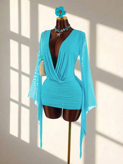 Amplova Romantic Vacation Blue Low-Cut Drape Collar, Flared Sleeve, Bodycon Mini Dress